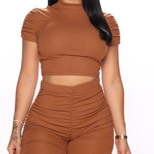 Fashion Nova Call It Ruched Biker Short Set - Brown